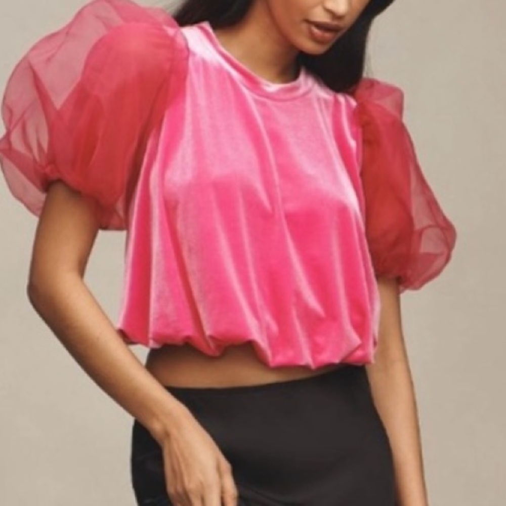 NEW MAEVE Puff Sleeve Velvet Blouse in Pink SMALL